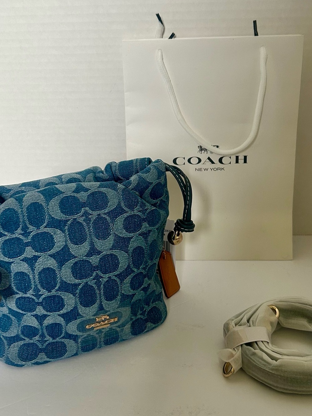 Coach Blue Denim Signature Mini Drawstring Shoulder Bag